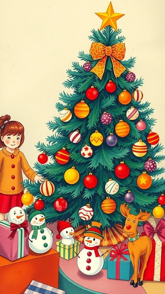 Retro 70s Christmas Illustration A retro 70s Christmas illustration with a colorful tree, snowmen, and festive decorations.